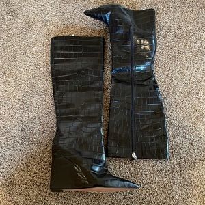Asya Up Black Croco Embossed Leather Knee-High Wedge Boots